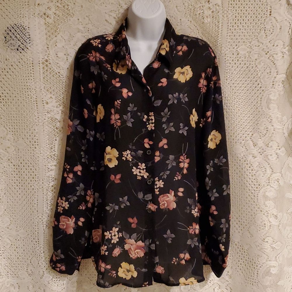Vintage Chaus Sheer Black Floral Blouse Size 14 Button Down Rose Print Top